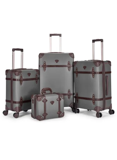 LIMRA Travel Bags Classic Leather Luggage 4 Pcs Set Grey /Dark Brown 28''-24''-20'''-14'''Inches